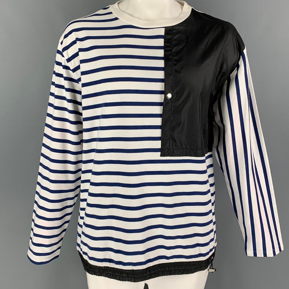 PUBLIC SCHOOL Size XL White Blue Stripe Cotton Polyester Crew-Neck T-shirt